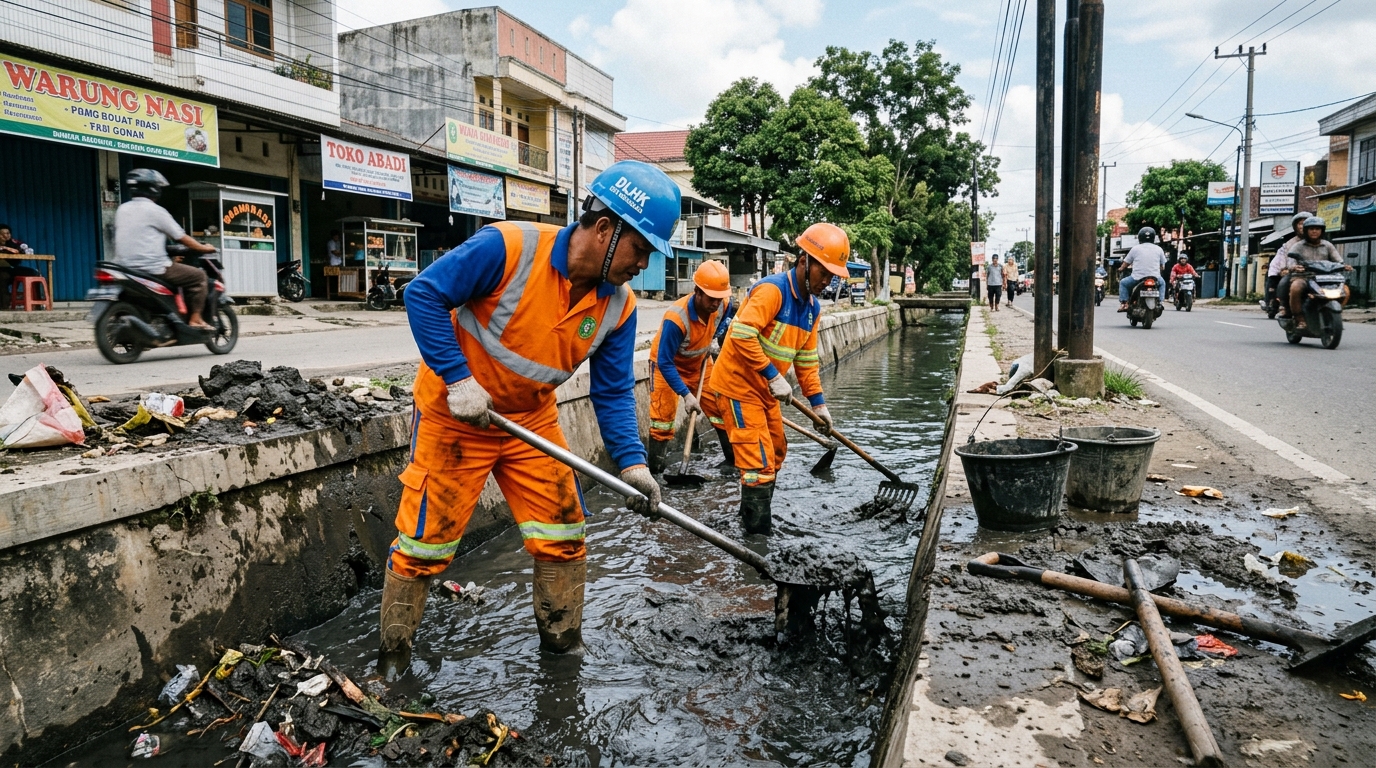 Saluran Pembuangan Air Hujan Kawasan Pesisir Samboja Meluap ke Jalan Desa